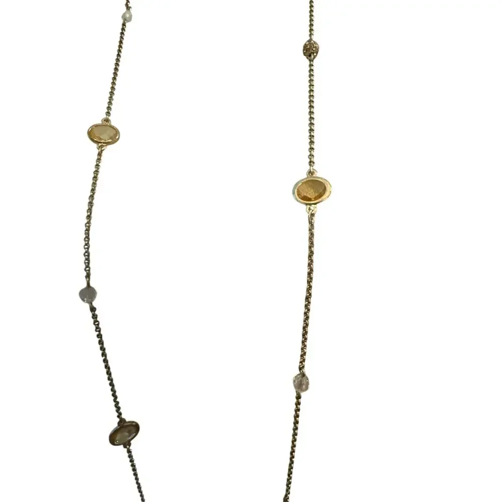 Gold Tone Long Station Necklace with Champagne Oval Crystals & Clear Glass Beads